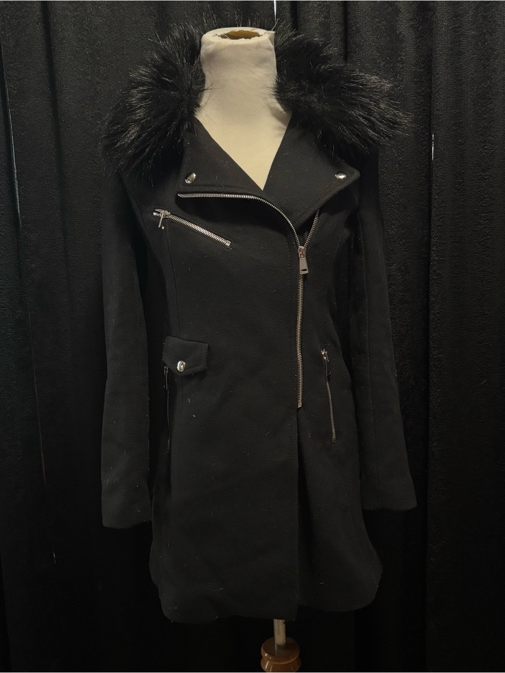 Zara Black Faux-Fur Collar Asymmetrical Trench Coat